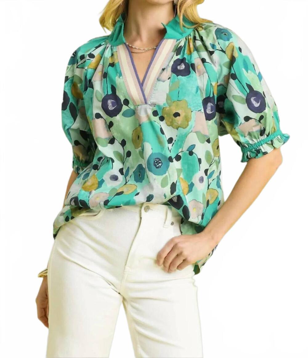 NEW UMGEE floral split neck puff sleeve top in jade